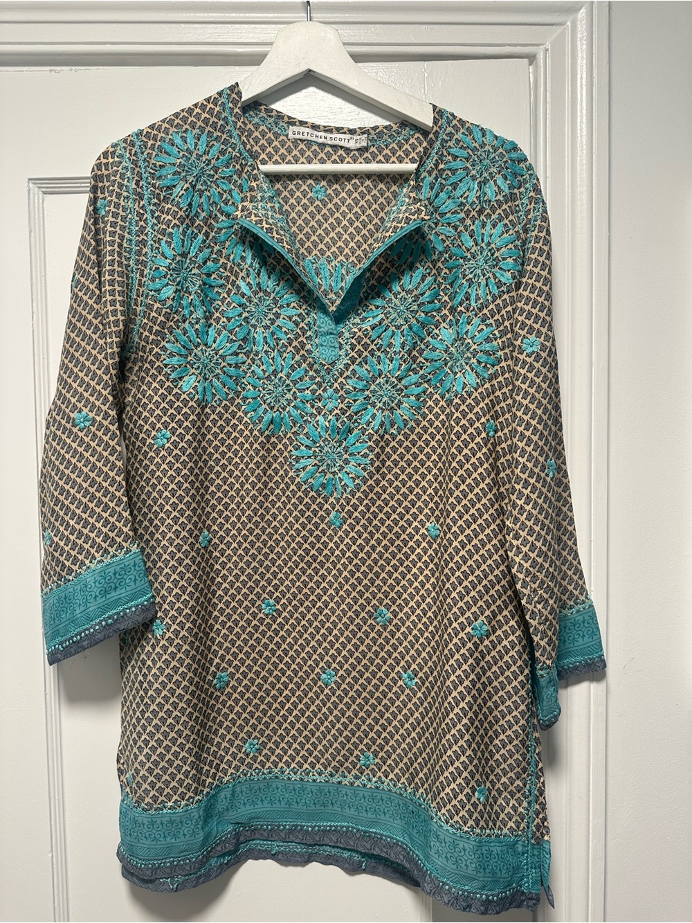 Gretchen Scott Designs Teal Embroidered Silky Tunic Top